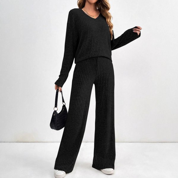 Women's Two-Piece Knit Set - V-Neck Ribbed Top & Straight Leg Pants, Elegant Casual Outfit For Fall-image