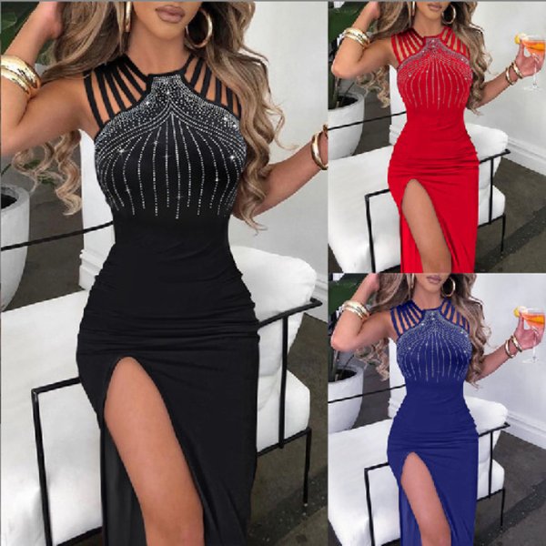 Sparkling Slit Bodycon Dress – Sexy Glitter Midi Dress For Club & Evening (S-XXL, U-Neck, Sleeveless, Black/Red/Royal Blue, Stretchy