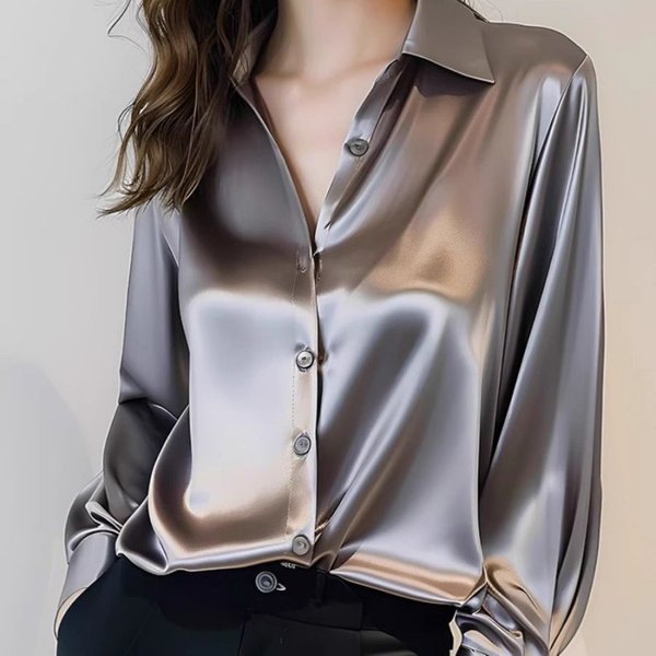 Elegant Grey Acetate Satin Blouse For Women - Long Sleeve -Inspired Silk-Like Shirt With Polo Collar (S-3XL, Loose Fit, Office & Casual Wear)-image