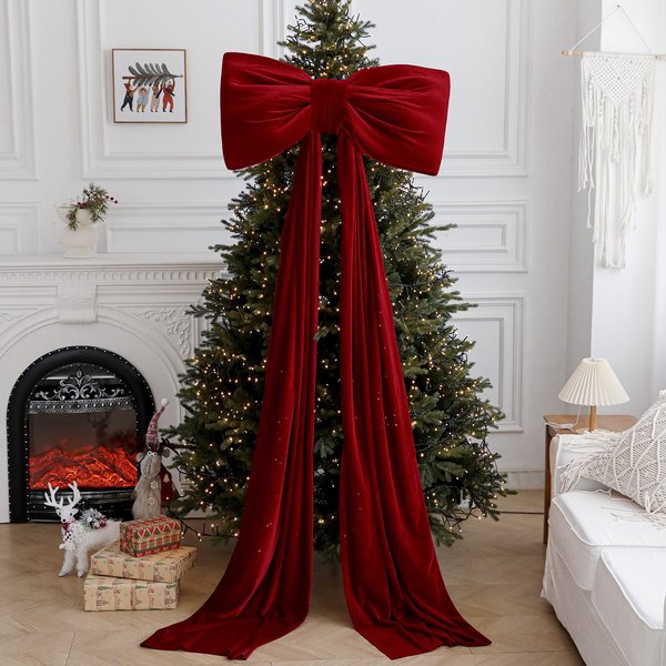 Velvet Burgundy Bow Decor - Large Christmas Tree Ornament, Window Hanging For Valentine's Day & Holiday Festive Decorations-image