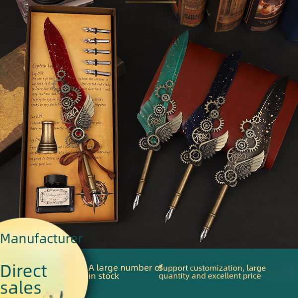 Sprinkling Gold Quill Pen Set Mechanical Quill Pen Set Gear Quill Pen Punk Style Dip Pen European Style Quill Pen-image