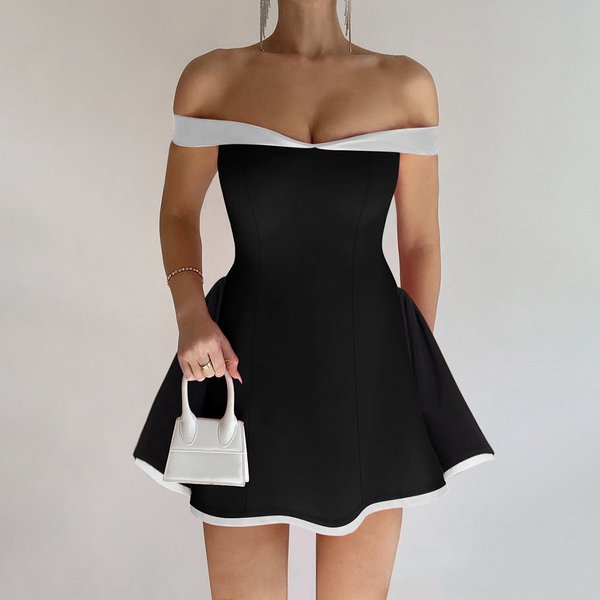 Women's Clothing Contrast Color Design Sexy Tube Top Slim Fit Ruffle Dress