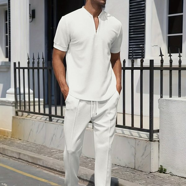 Men's Clothing New Short Sleeved Suit Men's Autumn Youth Waffle Zipper Stand Collar Polo Shirt + Trousers Men's Casual Suit