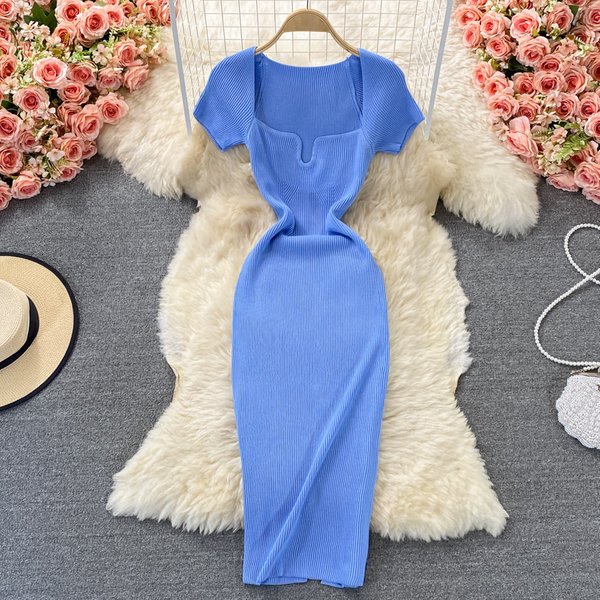 Women's Clothing Collar Knitted Dress With Short Sleeves Summer New Style Temperament Sexy Hot Girl Hip Long Skirt