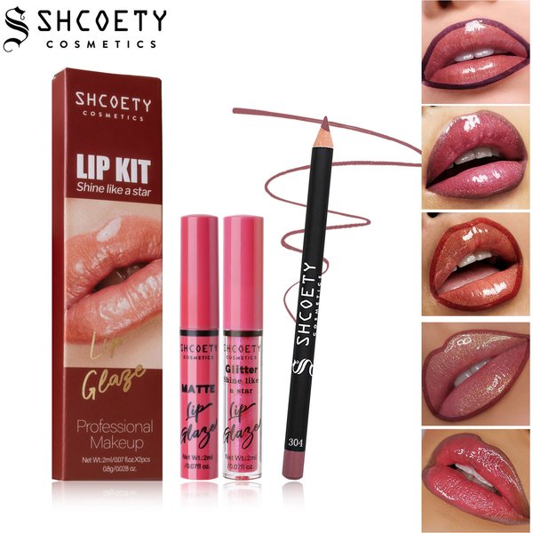 Lip Gloss Lipstick Set Pearlescent Lip Gloss Matte Waterproof Non Stick Lip Glaze Lip Liner-image