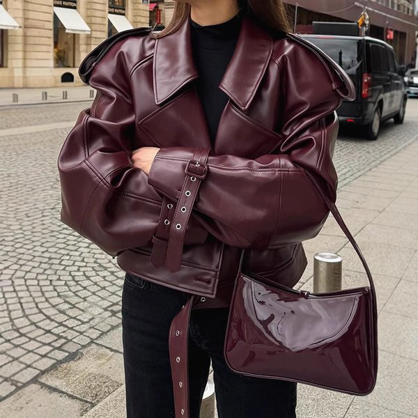 Women’S Vintage PU Leather Jacket – Adjustable Cuff & Belted Biker Style (S-L) – Wine Red Retro Motorcycle Coat-image