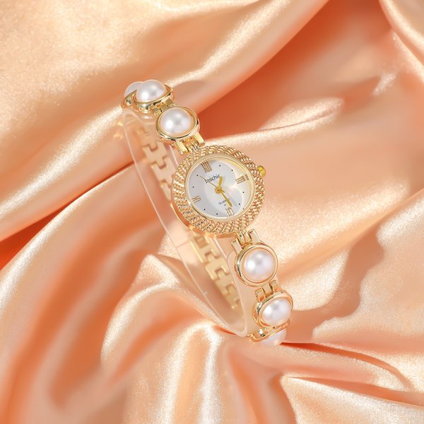 Women's personalized fashion all match pearl bracelet watch rhinestone bracelet necklace earrings ring jewelry gift set (