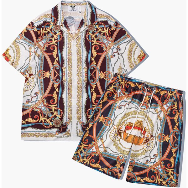 Men's Clothing Summer Men's Street Fashion Teenagers Casual Retro Palace Pattern Digital Printing Short Sleeve Loose Shirt Suit