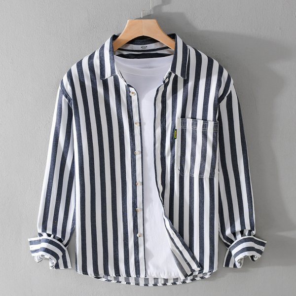 Men's Casual Long-Sleeve Stripe Shirt – Breathable Cotton Relaxed Fit For Everyday Wear