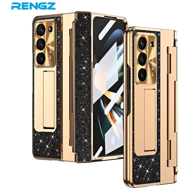RENGZ Plating Leather Stand Hinge Protection Case Samsung Galaxy Fold 5 3 With Screen Protector Cover For Z Fold5