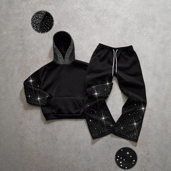 Gothic Hip-Hop Streetwear Hoodie & Pants Set With Rhinestone Design For Men & Women-image