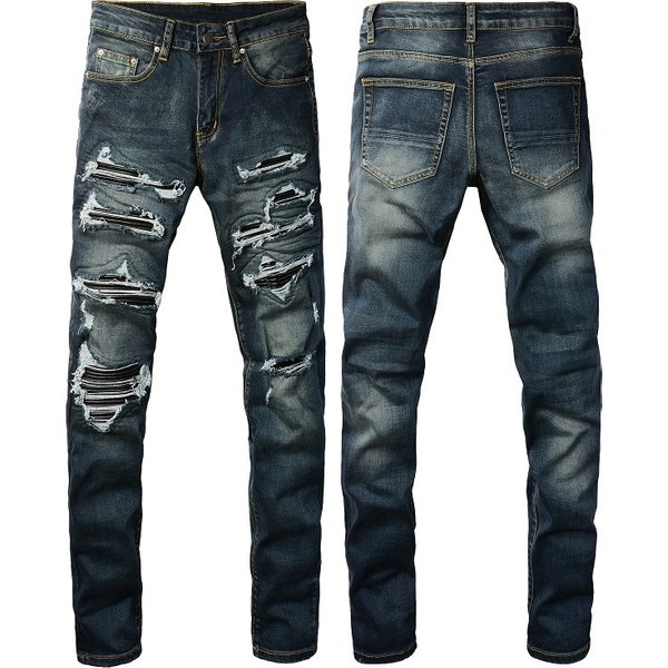 Men's Clothing European And American Men's Jeans Men's Fashion Brand High Street Pants Ripped Patch Leather Slim Fit Men's Pants 1320