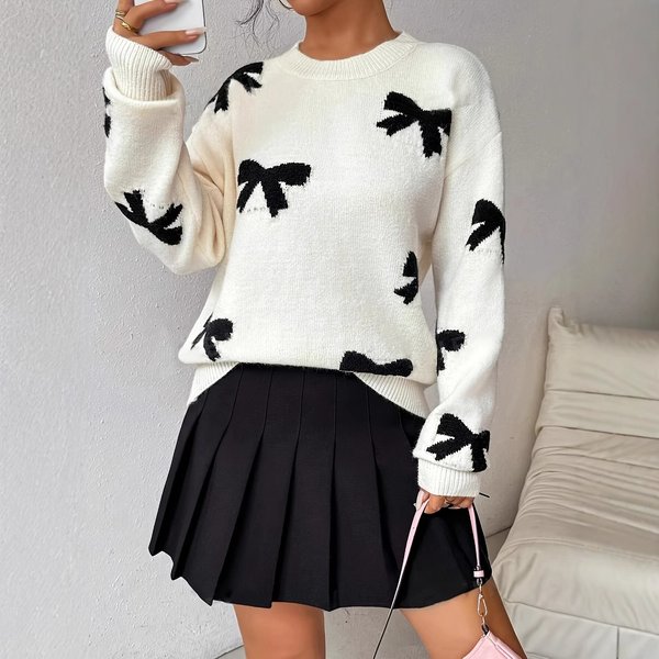 Women's Knit Sweater With Bow Detail – Oversized Long-Sleeve Pullover (S-L, Polyester, Elegant & Casual)-image