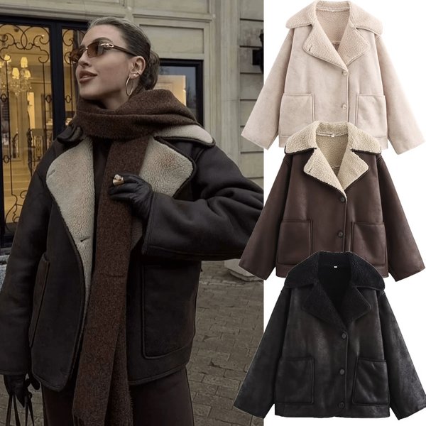 Women's Faux Fur Lined Reversible Stand Collar Long Sleeve Jacket - Winter Fashion Outerwear For Street Style (Black, Brown, Beige)