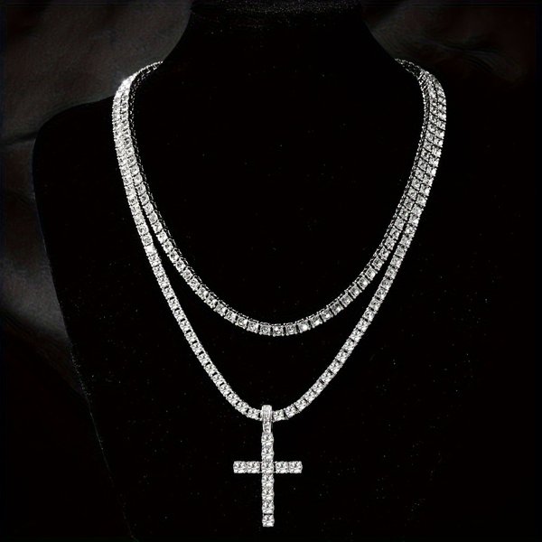 Hip Hop Alloy Rhinestone Diamond Cross Pendant 4Mm Single Row Diamond Tennis Necklace-image