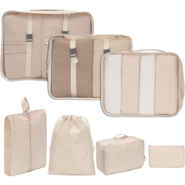 7-Piece Travel Organizer Set - Waterproof Cosmetic & Underwear Storage Bags For Luggage Foldable Laundry Pouches With Hanging Hook-image