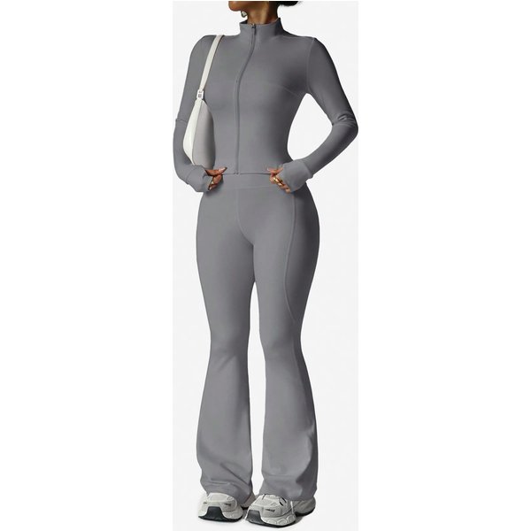 High-Waisted Yoga Set Tummy Control Workout Outfit With Thumbhole Design Flared Leggings Stand Collar Top For Pilates Breathable Women's Sportswear-image