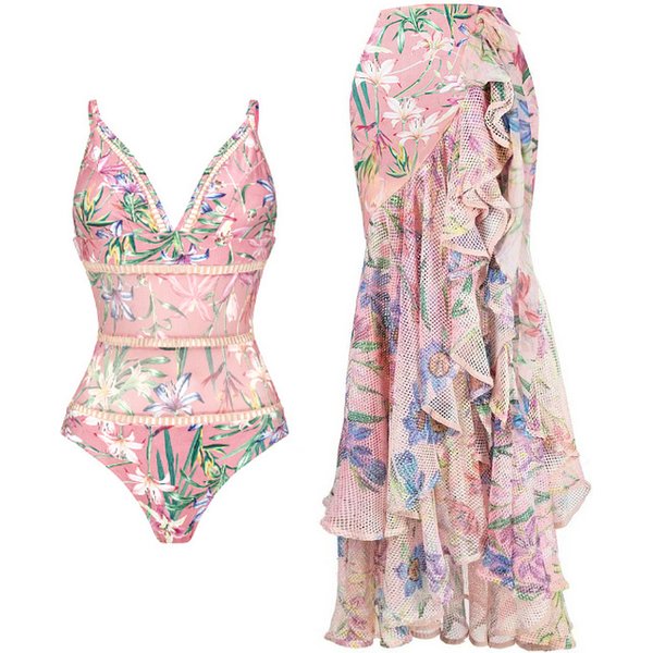 women's one-piece swimsuit V-neck mesh stitching printed swimsuit suit for women
