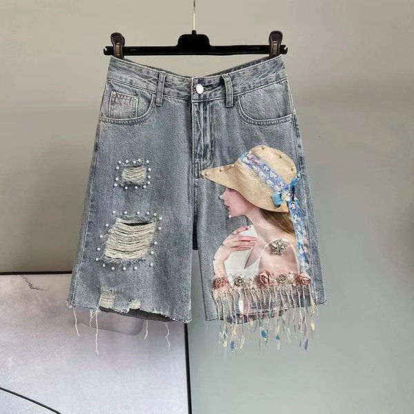 Women's Clothing New Three-Dimensional Character Blue Jeans Ripped Sequin Beaded Tassel Shorts Women's Trend-image