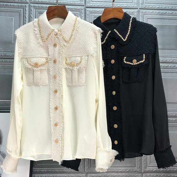Women's Shirt Chain Gold Braided Tweed Jacket Splicing Top For Women-image
