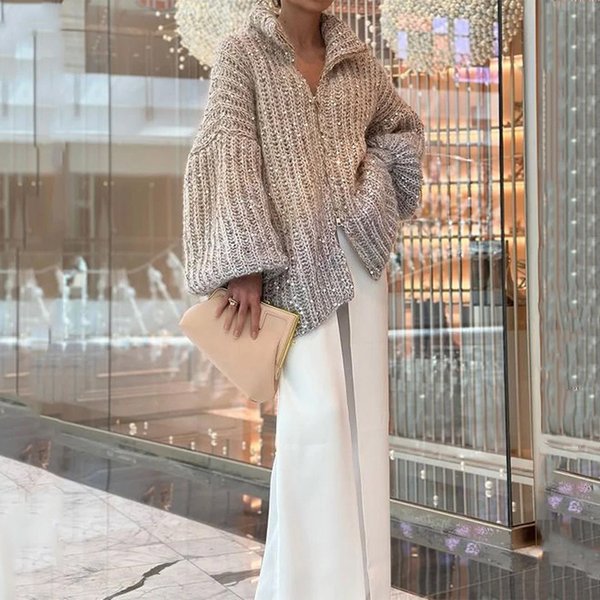 Women's Clothing New High-End Temperament Small Fragrance Comfortable Sequined V-Neck Sweater-image