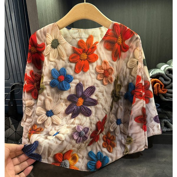 Women's Clothing High End Fashion Printed Loose Pleated Tops For Women In Autumn New Commuting Round Neck Bat Sleeve T Shirt-image