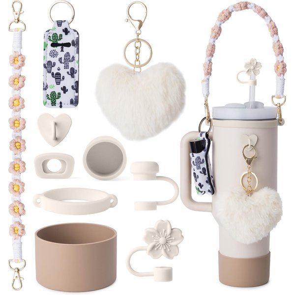 Floral Woven Straw Topper With Cute Pom Keychain & Heart Charm - Compatible With 30Oz/40Oz Tumblers - Stylish Drink Lid Cover & Straw Cap-image