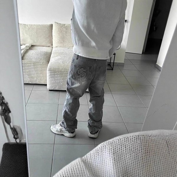 Fashionand Environmentally Friendly Fabrics American High Street Washed Retro Jeans Old Letter Embroidered Men's And Women's Wide-Leg Rough-Edge Pants-image