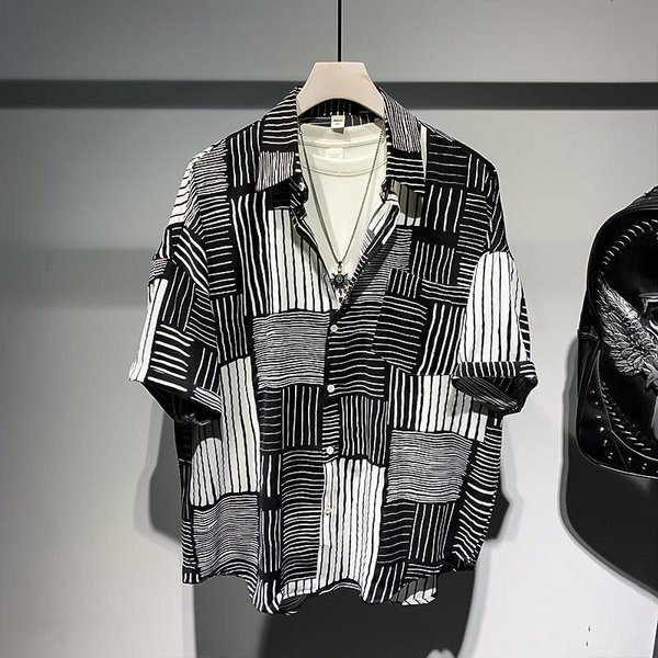 Men's Clothing American Retro Striped Collared Shirt Short Sleeved Color Block Loose Fit Plus Size 300 Lbs Instagram Style