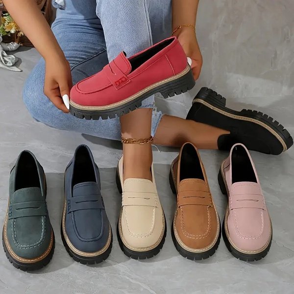 Shliang Woman Spring Autumn New British Style Flats Comfortable Low Heel Slip On Shoes Ladies Solid Color Platform Loafers Shoes Y0615-image