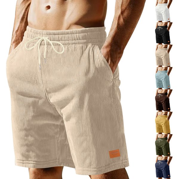 Summer Solid Color Lace-Up Sports Corduroy Simple Five-Point Men's Shorts Casual Pants-image