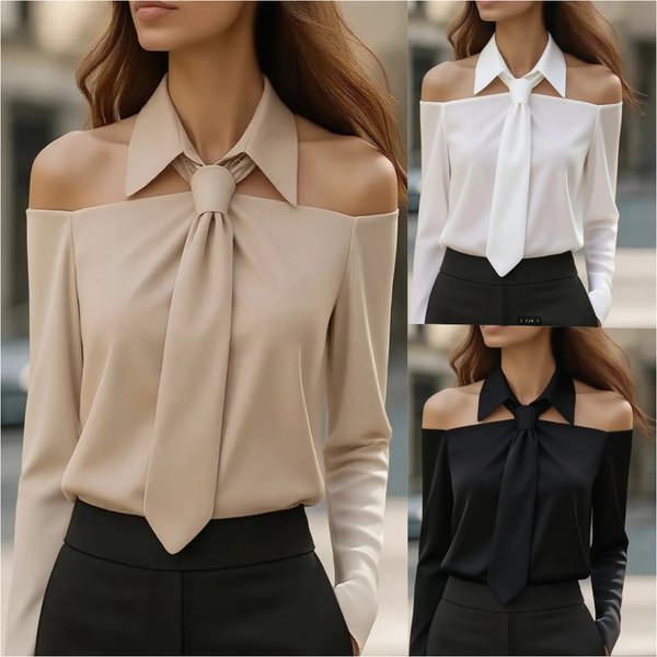 Women's Clothing Hot Item Autumn Solid Color Casual All Match Long Sleeve Lapel Tie Shirt Women