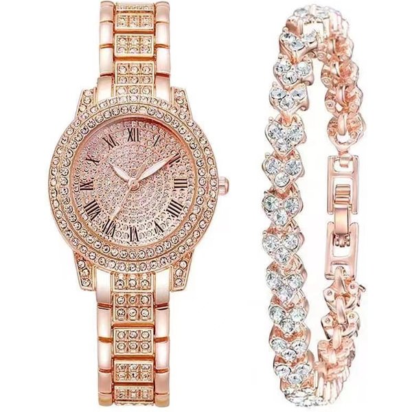 Full diamond Roman numeral steel watch for women full of stars temperament business quartz watch hip hop style full diamond bracelet set