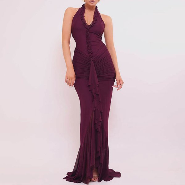 Women's Clothing Sexy Halter Neck Maxi Dress – Deep V-Cut With Ruffle & High Slit In Black, Purple & Beige-image