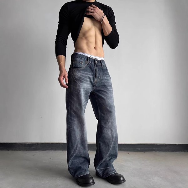 Vintage Blue Straight Leg Bootcut Jeans For Men - Retro High Street Style Stretch Denim Pants With Relaxed Fit & Distressed Wash-image