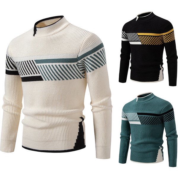Men's Clothing Half Turtleneck Colorblock Pullover Sweater Knitwear Large Size Casual Bottoming Shirt
