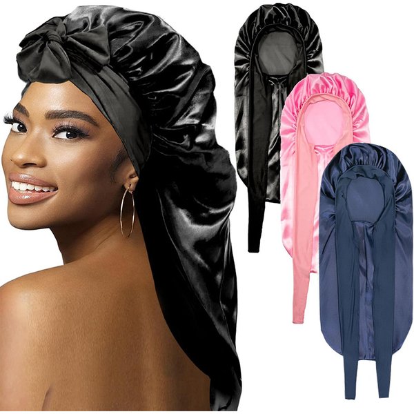 Women's high elastic long tube satin nightcap new bow tie headscarf hat beauty perm hair care cap