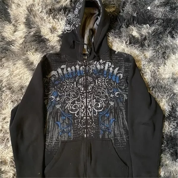 Woman Hoodie Y2K Cyber Grunge Emo Zip Up Sweatshirts Vintage Graphics Print Kpop Aesthetic Gothic Clothes For Women-image