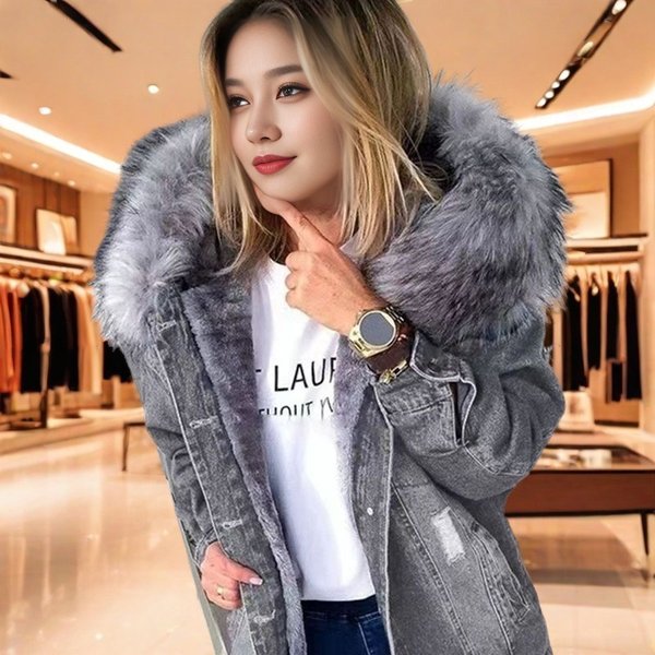 Women's Clothing Retro Denim Jacket With Large Fur Collar, Stylish And Warm For Commuting, Mid Length Distressed And Vintage Style.-image