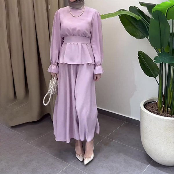 Women’S Clothing New Round Neck Lantern Sleeve Suit Skirt High Waist Slim Lotus Leaf Hem Fashionable Long Skirt-image
