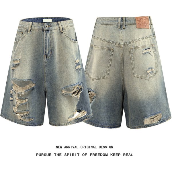 Vintage Washed Distressed Denim Shorts For Men And Women, Baggy Cargo Knee-Length Shorts With Ripped Details, Comfortable Relaxed Fit-image
