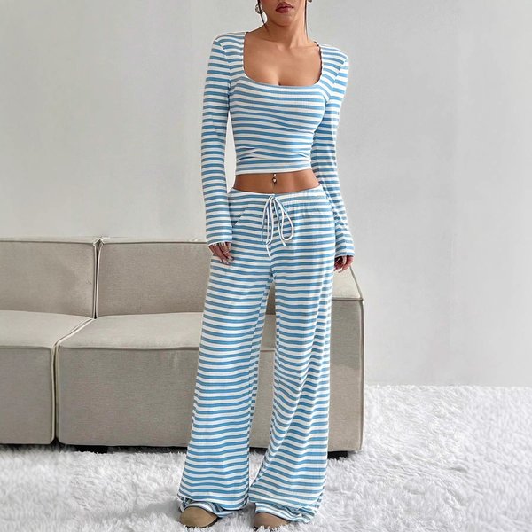 Women's Clothing Striped Loungewear Pajamas Long Sleeved Comfortable Pant Set For Spring Autumn Summer