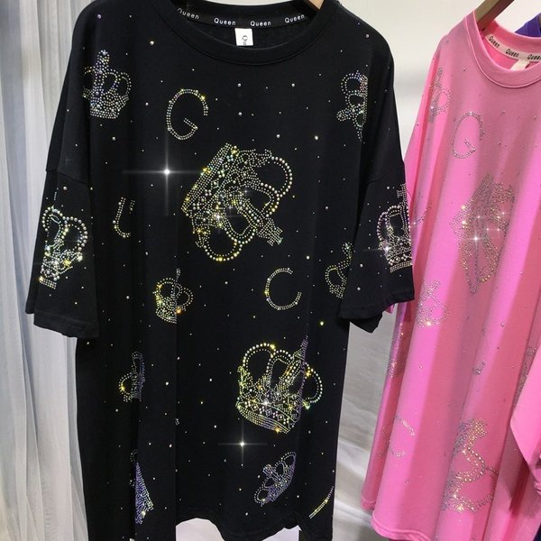 Extra Large Size 2-300 Pounds Heavy Industry Hot Diamond T-shirt Crown Shiny Short-sleeved Fashion Style Top