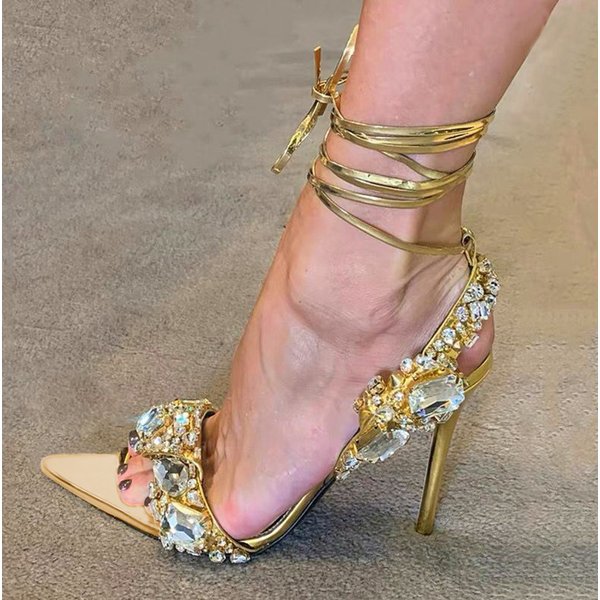 Women's One-Piece High-Heeled Summer 2025 New Sexy Cross Strap Rhinestone Open Toe Sandals For Women-image