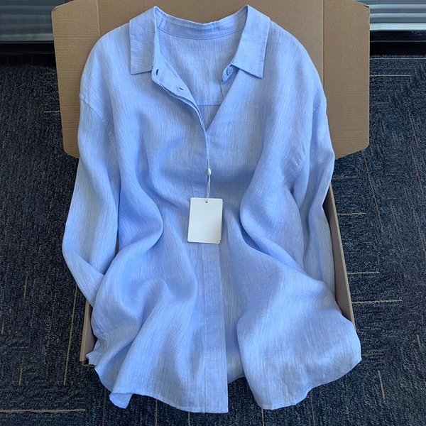 Women's Clothing Linen Casual Cotton And Linen Lapel Sun Protection Tops Summer New Thin Shirt Shirt Cardigan Jacket Loose Long Sleeves-image