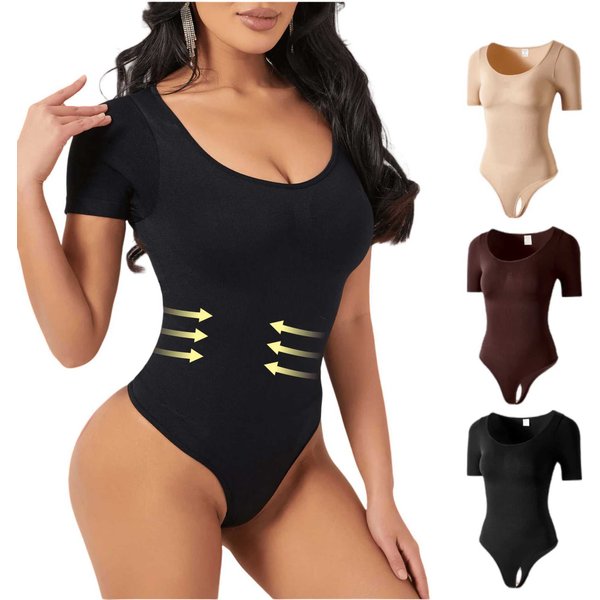Women's Hip Lifting Bodysuit Seamless Short Sleeve T-Back Shaping Jumpsuit Waist Constricting Bodycon Underwear For All Seasons