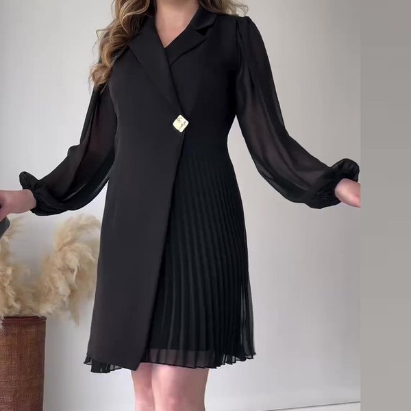Women's Clothing lapel solid color high-end temperament pleated design long skirt