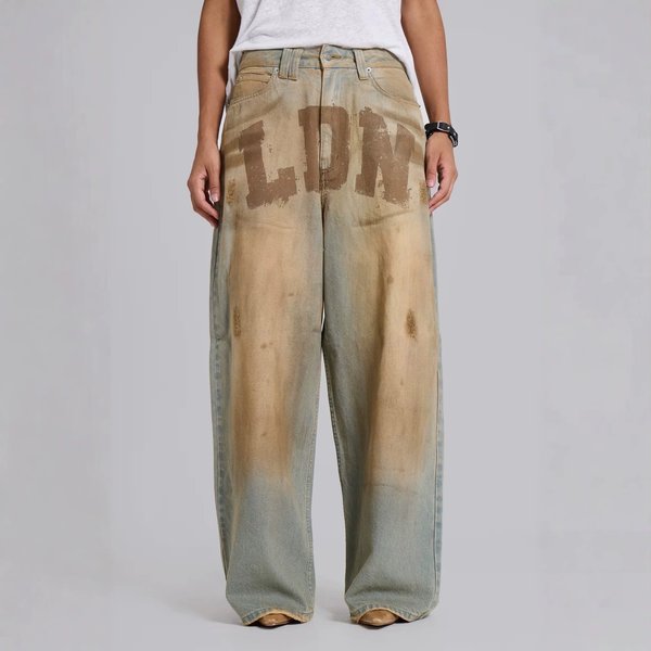 Unisex Cross Border European American Style Letter Print High Street Washed Distressed Wide Leg Straight Leg Jeans Y2K Couple Pants