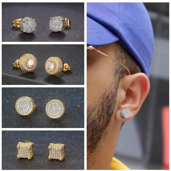 Men's Hip Hop Earrings With Cubic Zirconia – Round & Square Studs For Streetwear Style, Bold & Trendy Jewelry For Men-image
