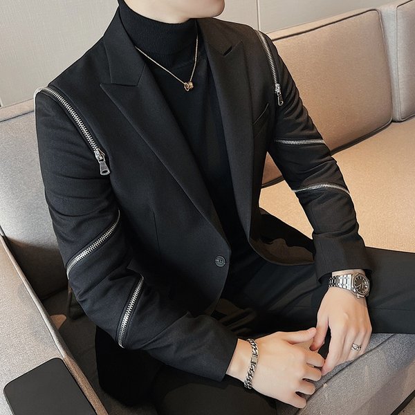 Woven Woven Autumn Winter Men's Chic Jacket Slim Fit Zipper Design Textured Stylish Punk Blazer Single Suit-image